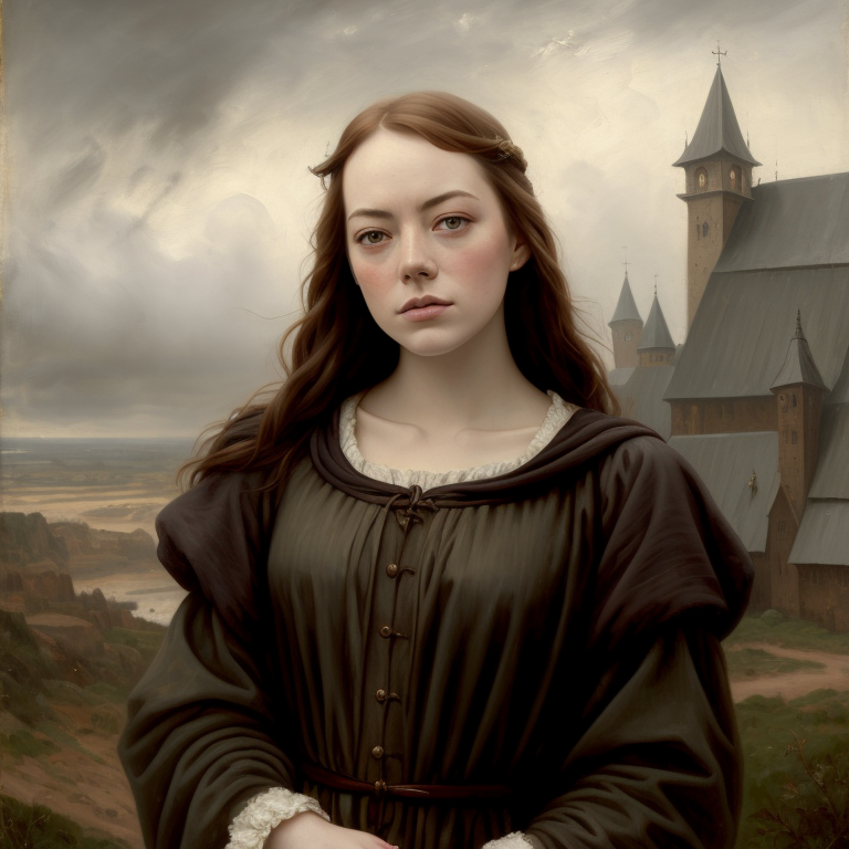 1girl, oil painting, medieval style, (gloomy:1.4), a portrait of Emma Stone like woman in old clothes, gloomy background, ...